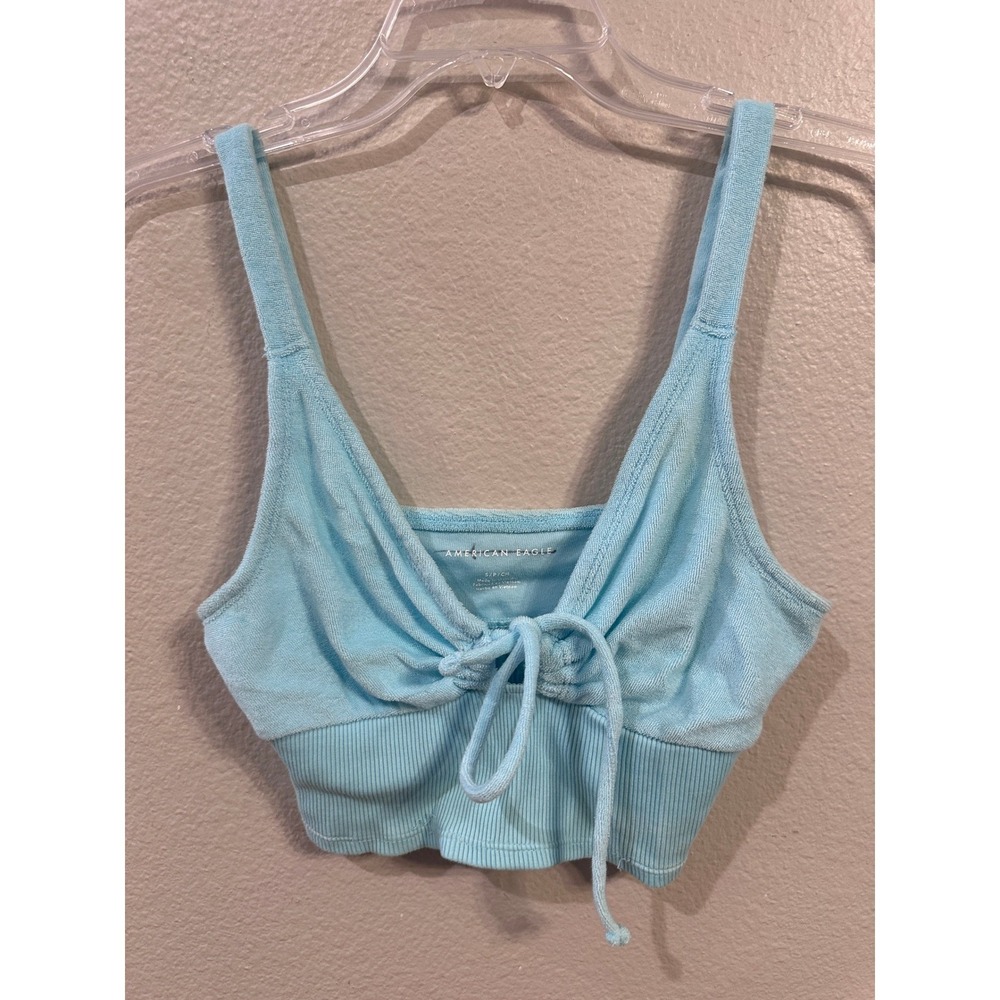 American Eagle‎ Light Blue Terry Tie Front Cropped Tank Top Small